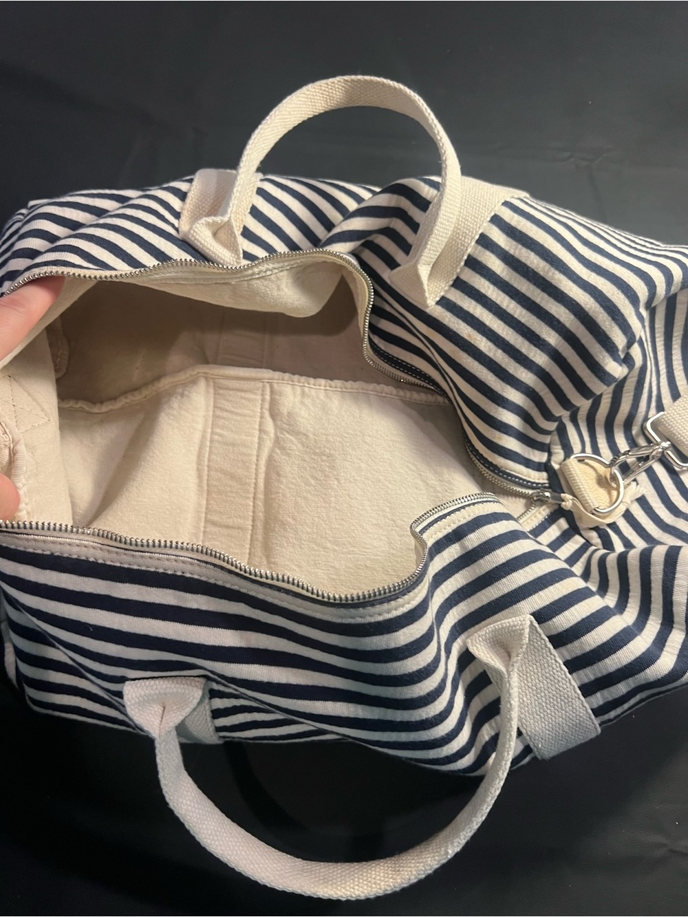 Brandy Melville Navy and Cream Striped Canvas Travel Tote